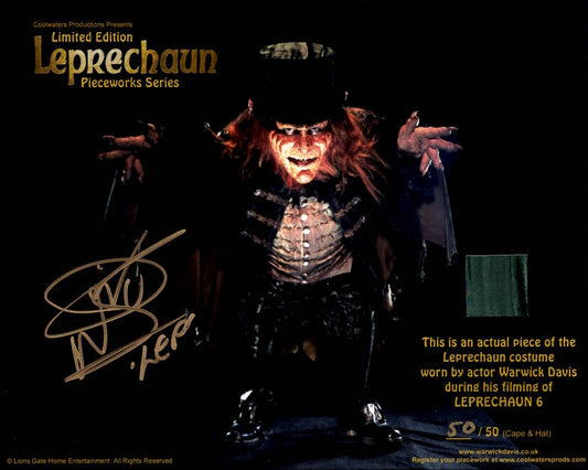 Warwick Davis "Leprechaun" signed 8x10 photo Limited Edition Pieceworks Costume Swatch