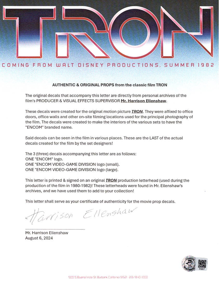 Harrison Ellenshaw "TRON" original props with signed letterhead